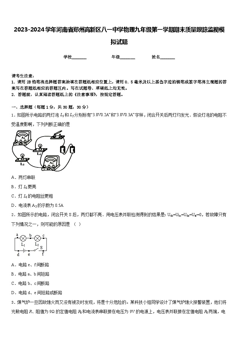 2023-2024学年河南省郑州高新区八一中学物理九年级第一学期期末质量跟踪监视模拟试题含答案01