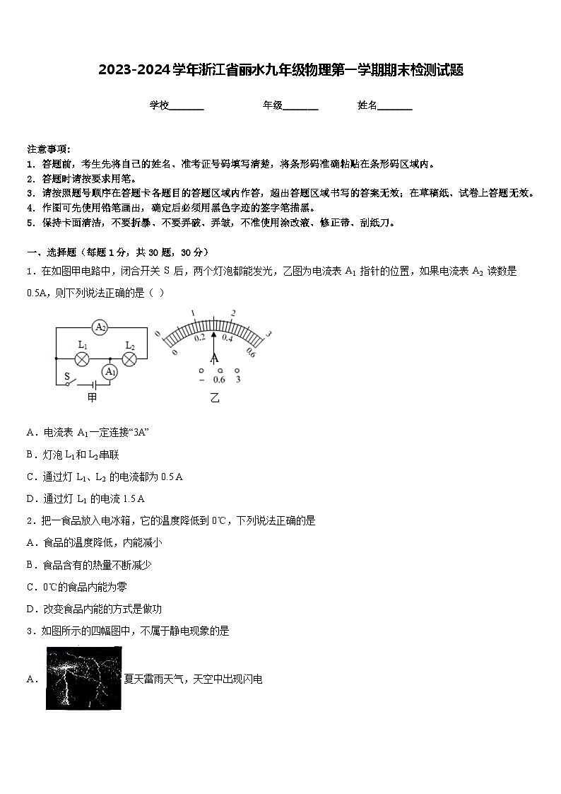 2023-2024学年浙江省丽水九年级物理第一学期期末检测试题含答案第1页