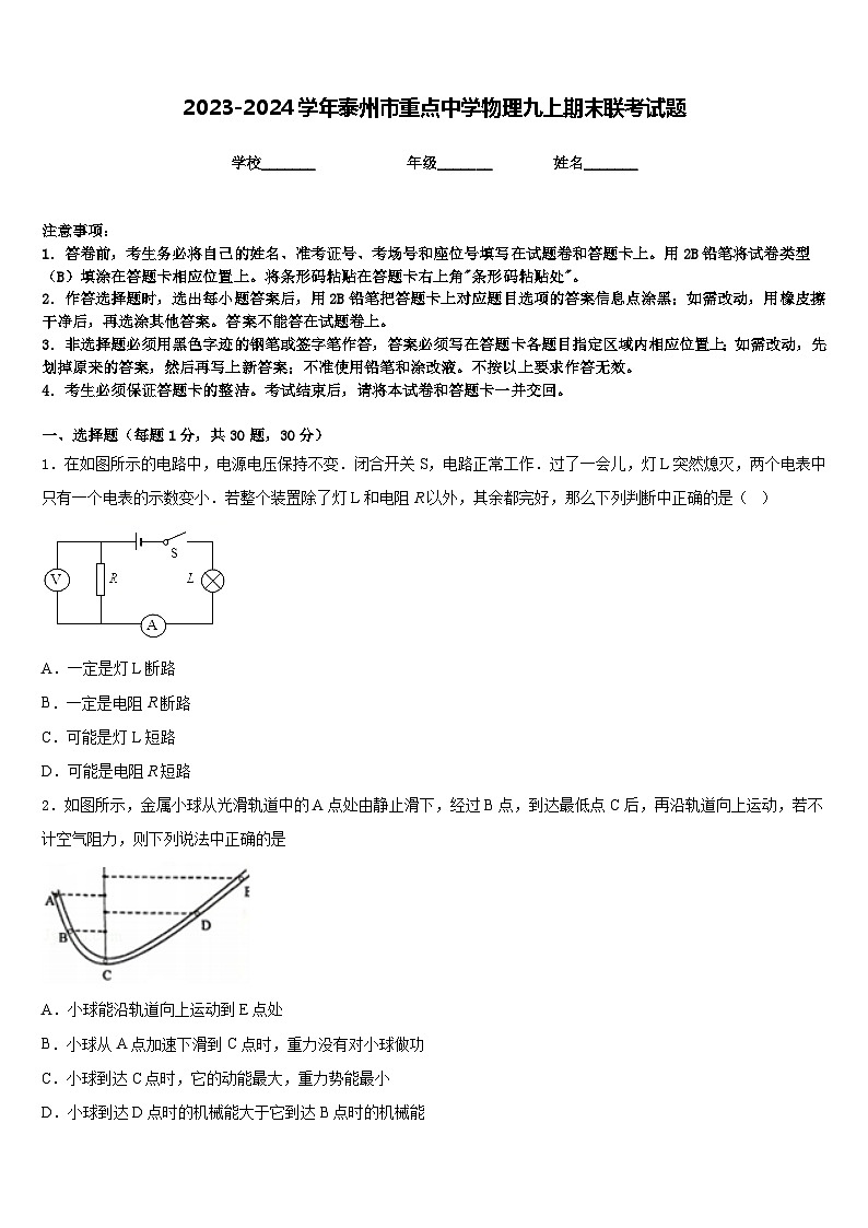 2023-2024学年泰州市重点中学物理九上期末联考试题含答案第1页