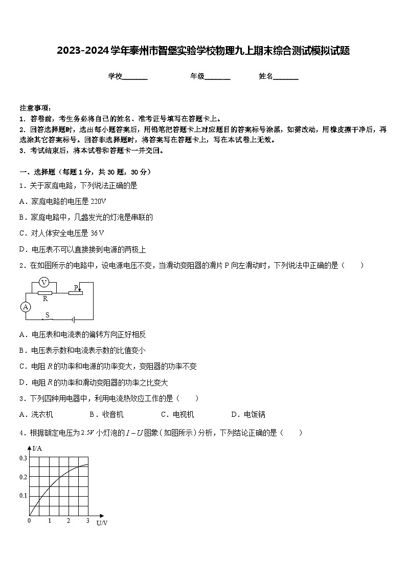 2023-2024学年泰州市智堡实验学校物理九上期末综合测试模拟试题含答案第1页