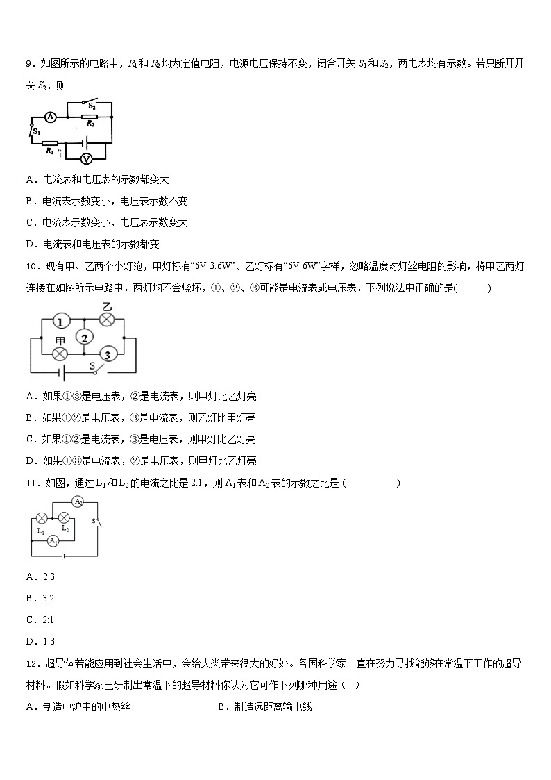 2023-2024学年浙江省丽水市名校物理九上期末质量检测模拟试题含答案03