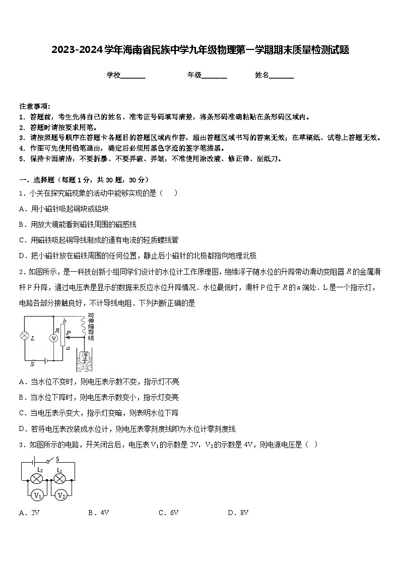 2023-2024学年海南省民族中学九年级物理第一学期期末质量检测试题含答案01