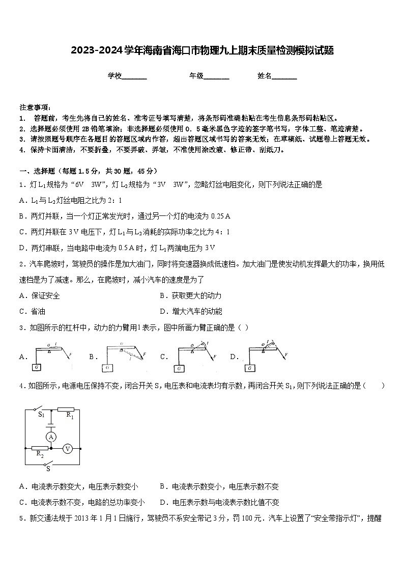 2023-2024学年海南省海口市物理九上期末质量检测模拟试题含答案01