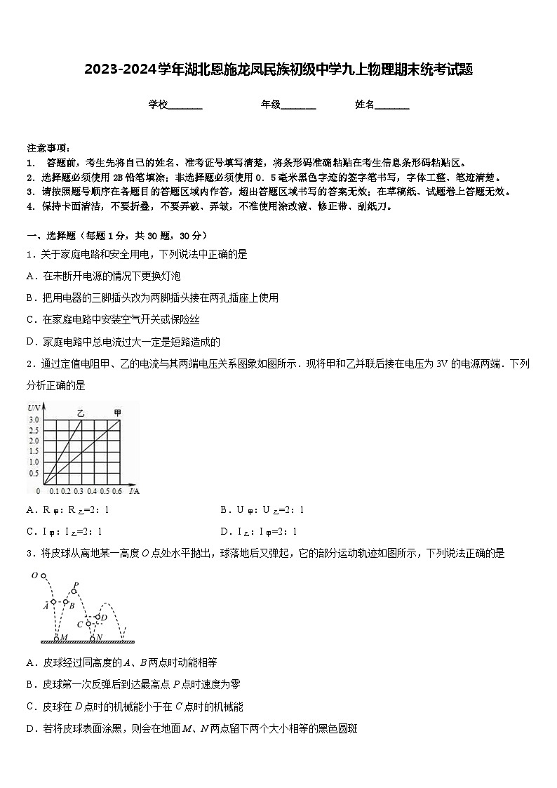 2023-2024学年湖北恩施龙凤民族初级中学九上物理期末统考试题含答案01