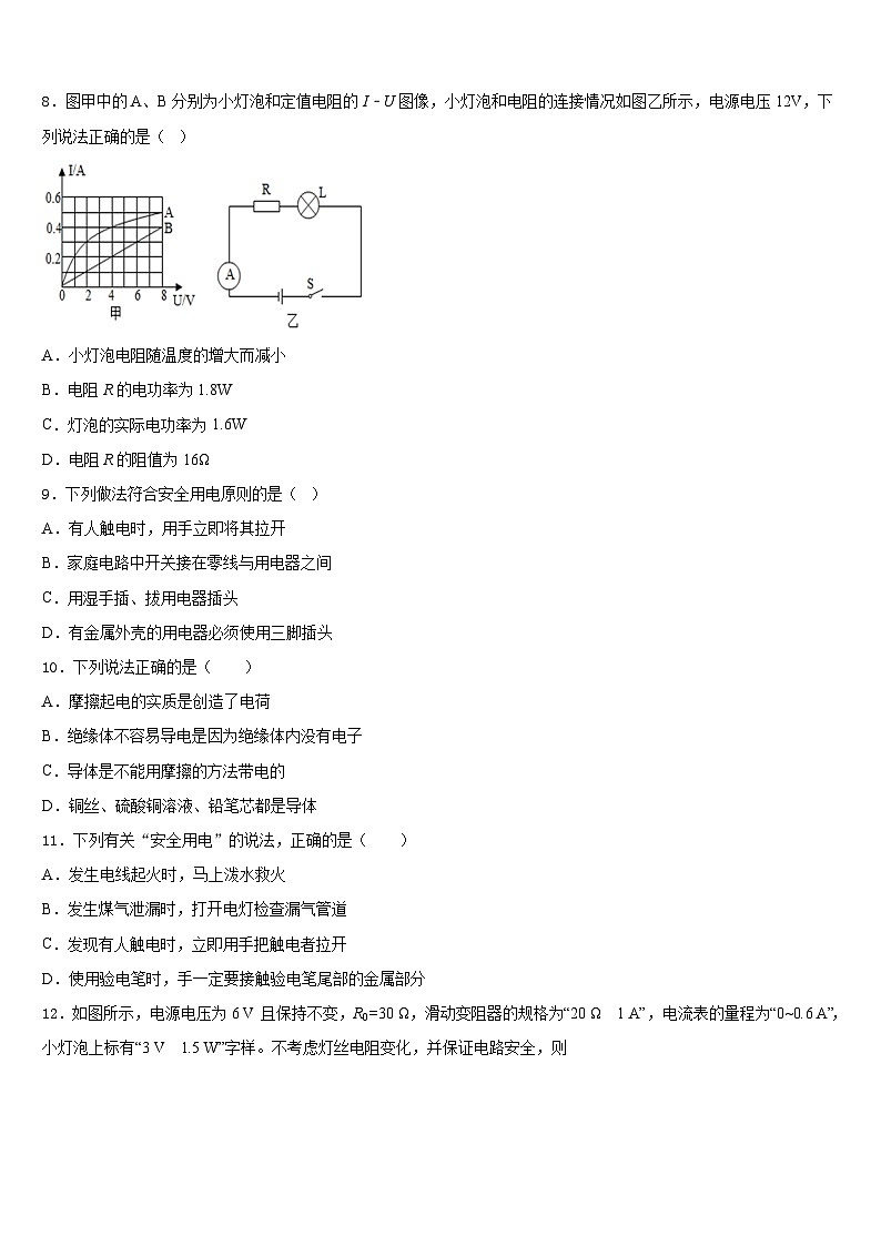 2023-2024学年湖北省华中学师大附中物理九年级第一学期期末学业质量监测模拟试题含答案第3页