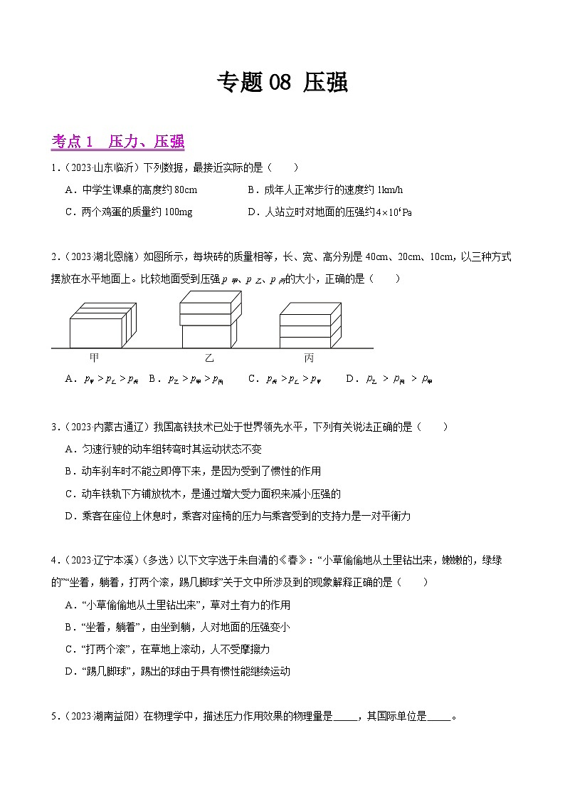 专题08 压强-2023年中考物理真题分项汇编（全国通用）01