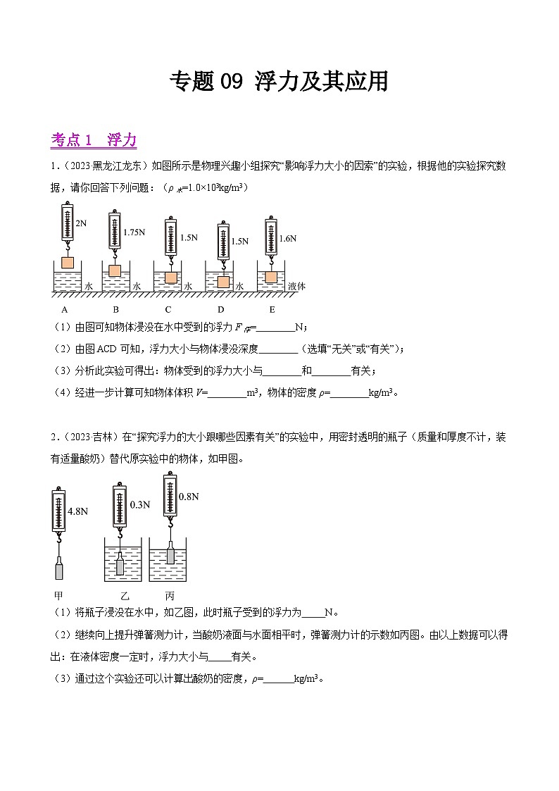 专题09 浮力及其应用-2023年中考物理真题分项汇编（全国通用）（原卷版）第1页