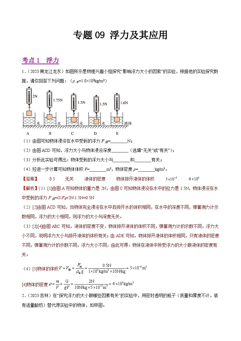 专题09 浮力及其应用-2023年中考物理真题分项汇编（全国通用）（解析版）第1页