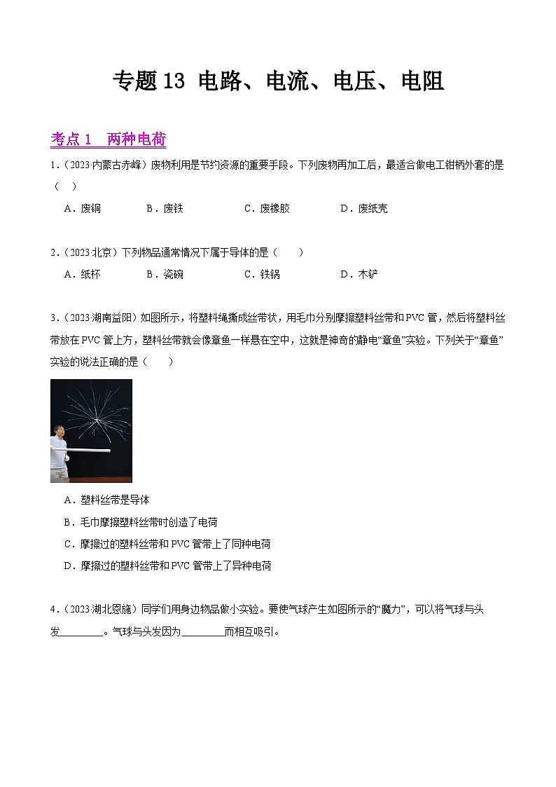 专题13 电路、电流、电压、电阻-2023年中考物理真题分项汇编（全国通用）（原卷版）第1页