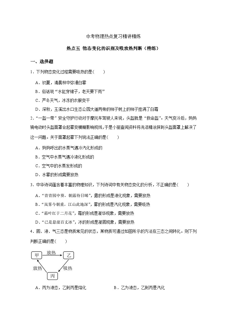 中考物理重难点复习：9-热点5 物态变化的识别及吸放热判断（精练）3第1页