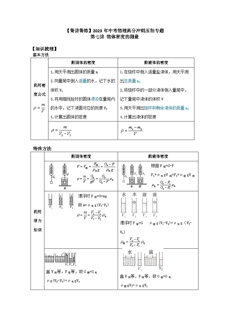 中考物理精练12-第七讲 物体密度的测量（解析版）701