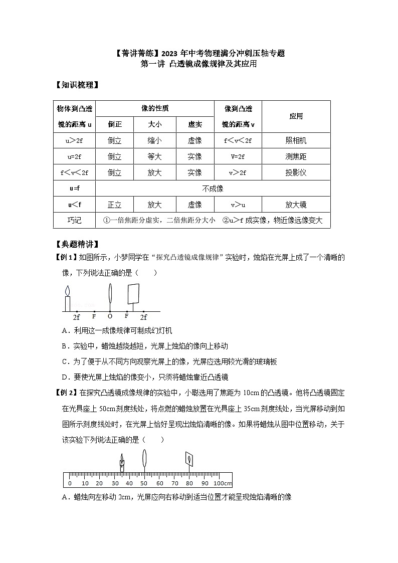 中考物理精练0-第一讲 凸透镜成像规律及其应用（原卷版）9第1页