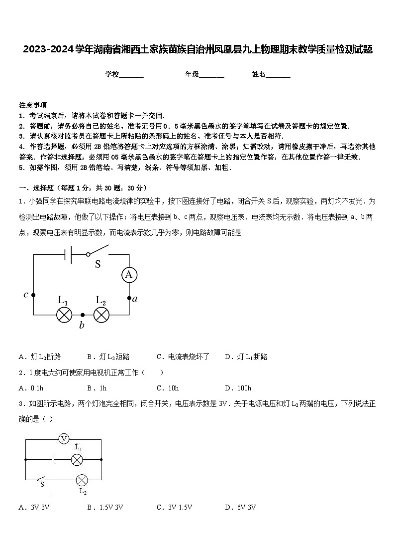2023-2024学年湖南省湘西土家族苗族自治州凤凰县九上物理期末教学质量检测试题含答案01