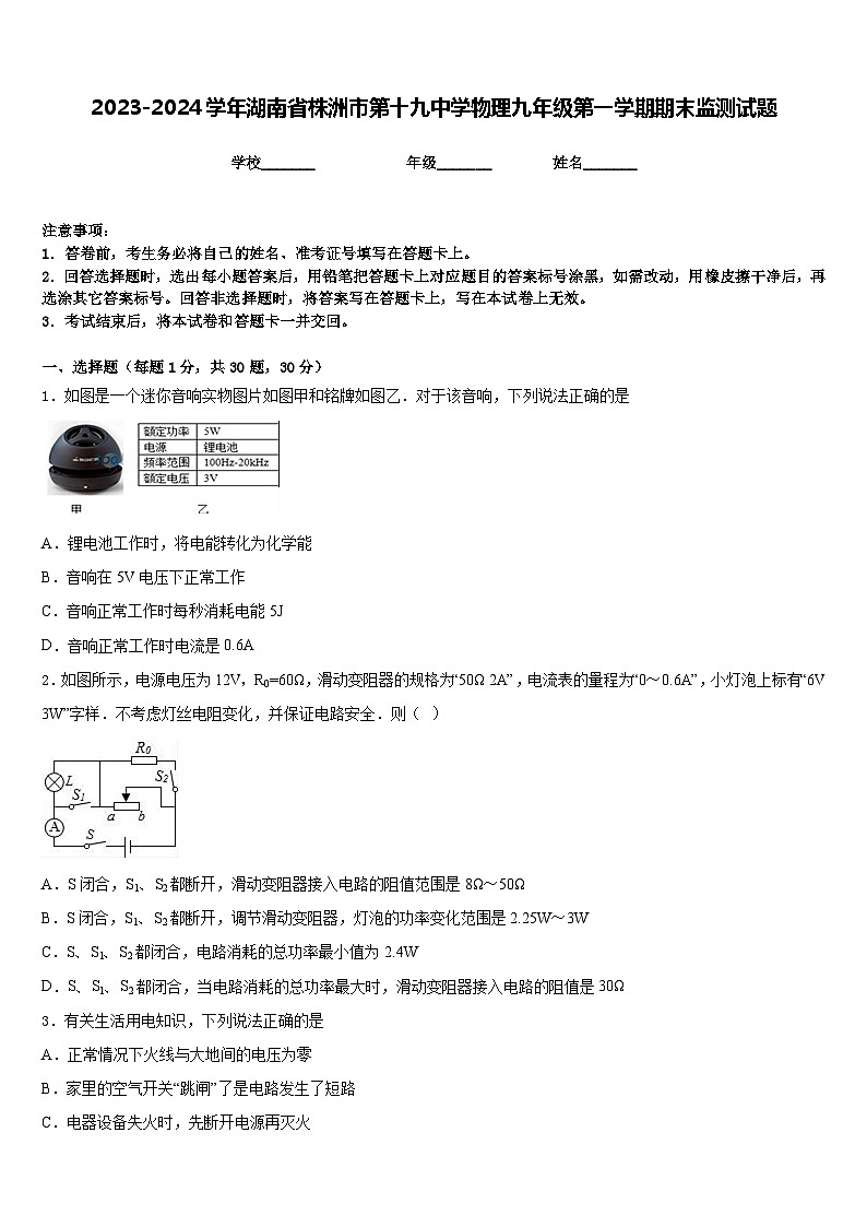 2023-2024学年湖南省株洲市第十九中学物理九年级第一学期期末监测试题含答案第1页