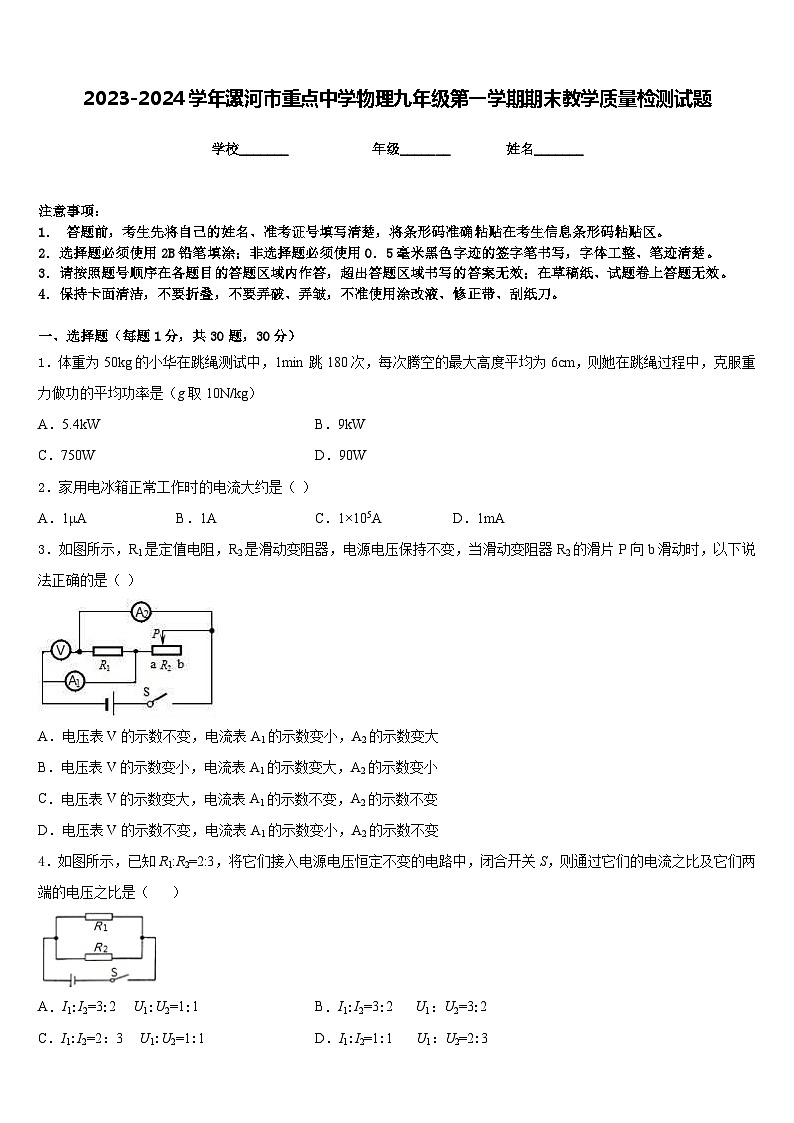 2023-2024学年漯河市重点中学物理九年级第一学期期末教学质量检测试题含答案01