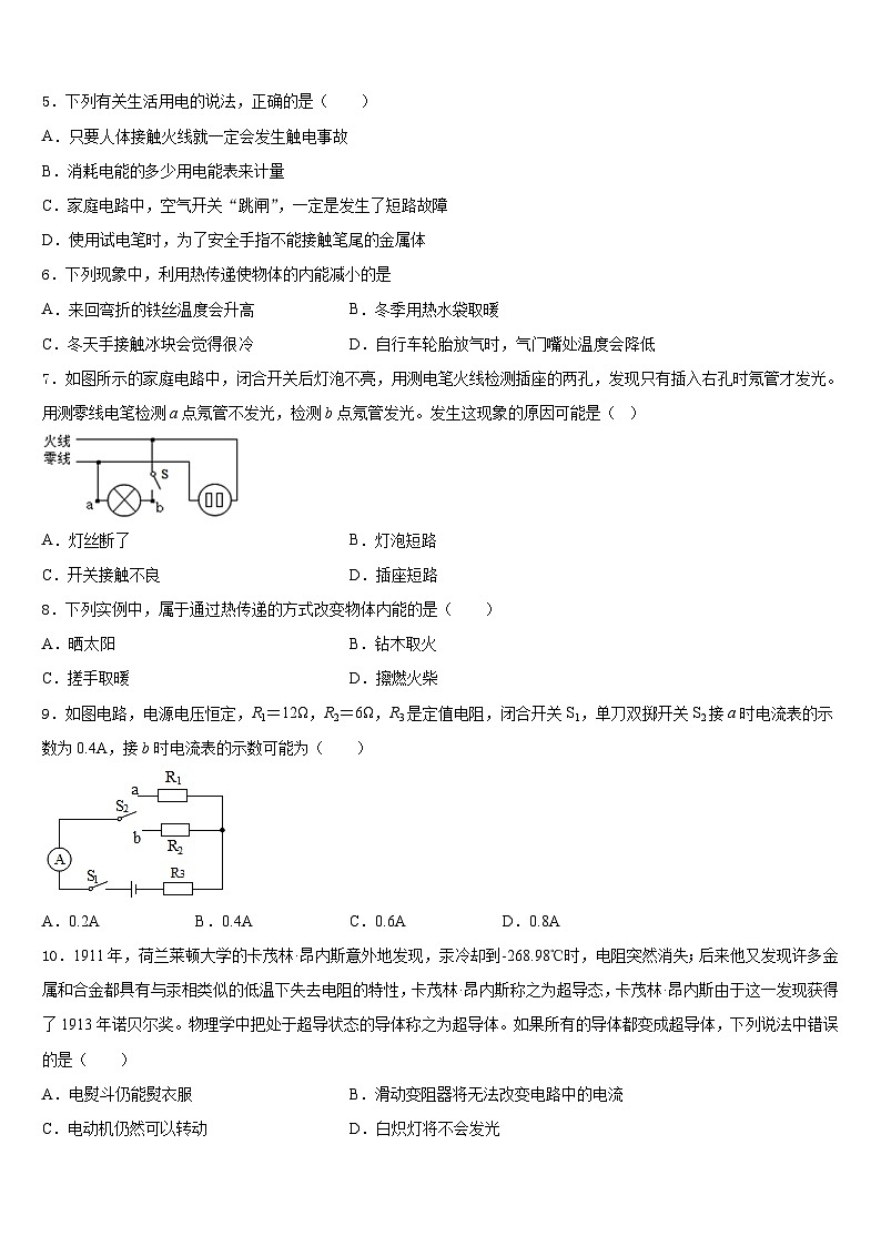 2023-2024学年湖南省怀化中学方县九年级物理第一学期期末学业水平测试模拟试题含答案02