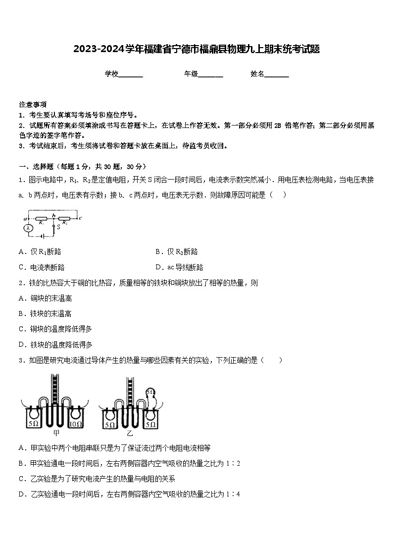 2023-2024学年福建省宁德市福鼎县物理九上期末统考试题含答案第1页