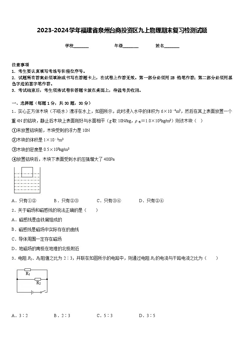 2023-2024学年福建省泉州台商投资区九上物理期末复习检测试题含答案01