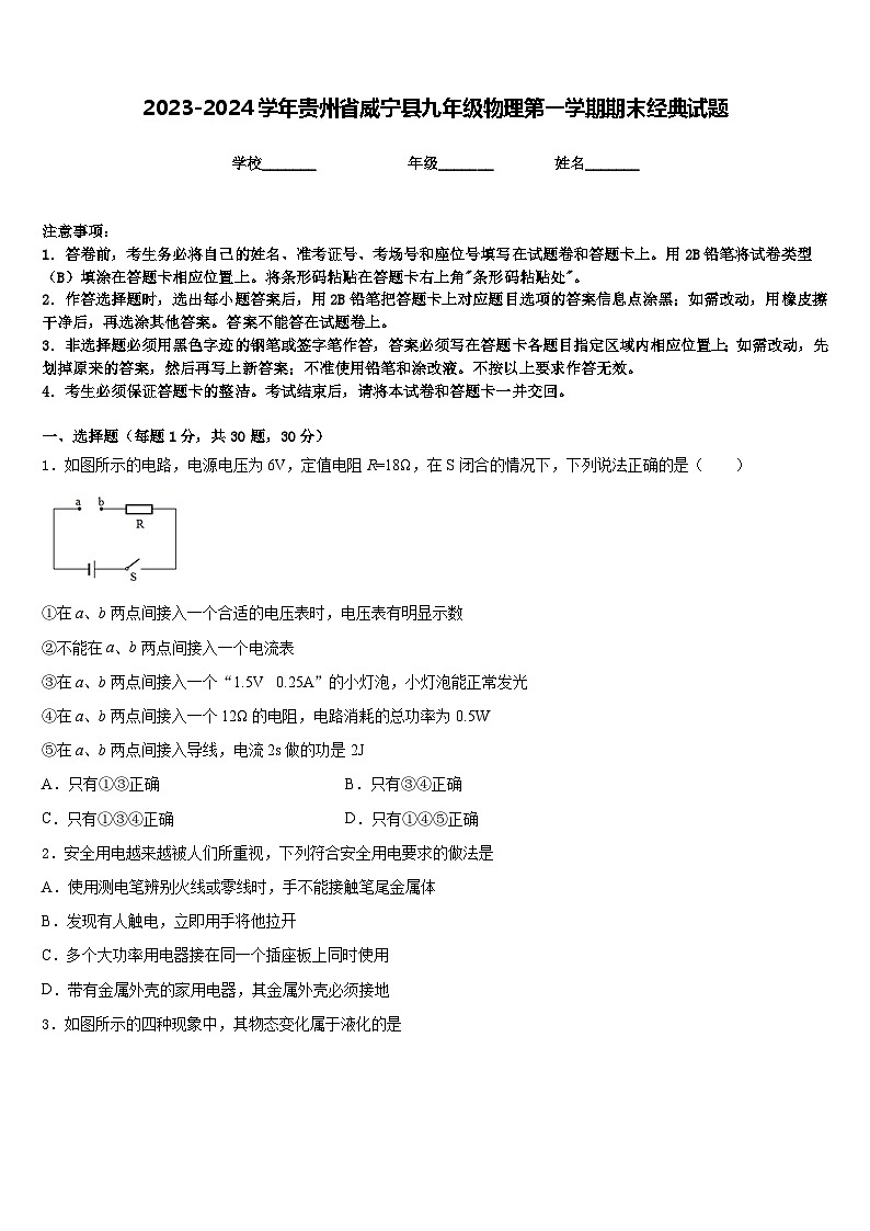 2023-2024学年贵州省威宁县九年级物理第一学期期末经典试题含答案第1页