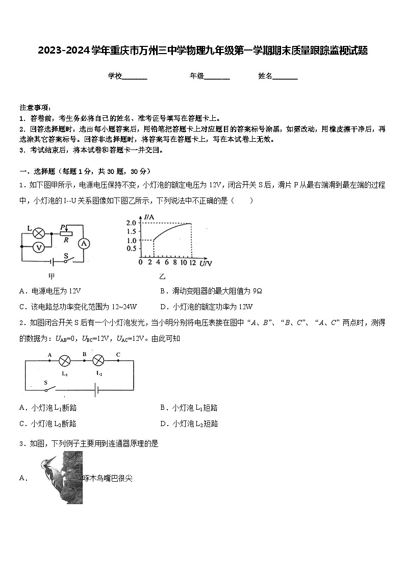 2023-2024学年重庆市万州三中学物理九年级第一学期期末质量跟踪监视试题含答案01