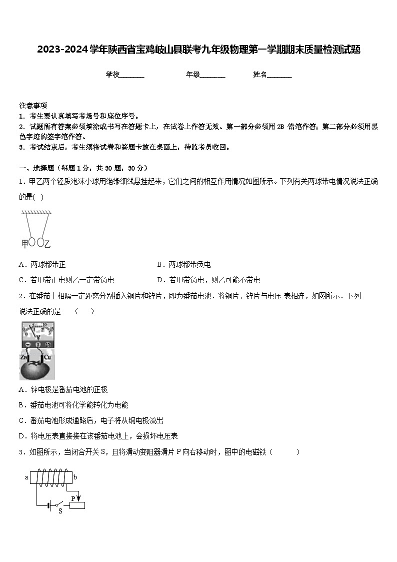 2023-2024学年陕西省宝鸡岐山县联考九年级物理第一学期期末质量检测试题含答案第1页