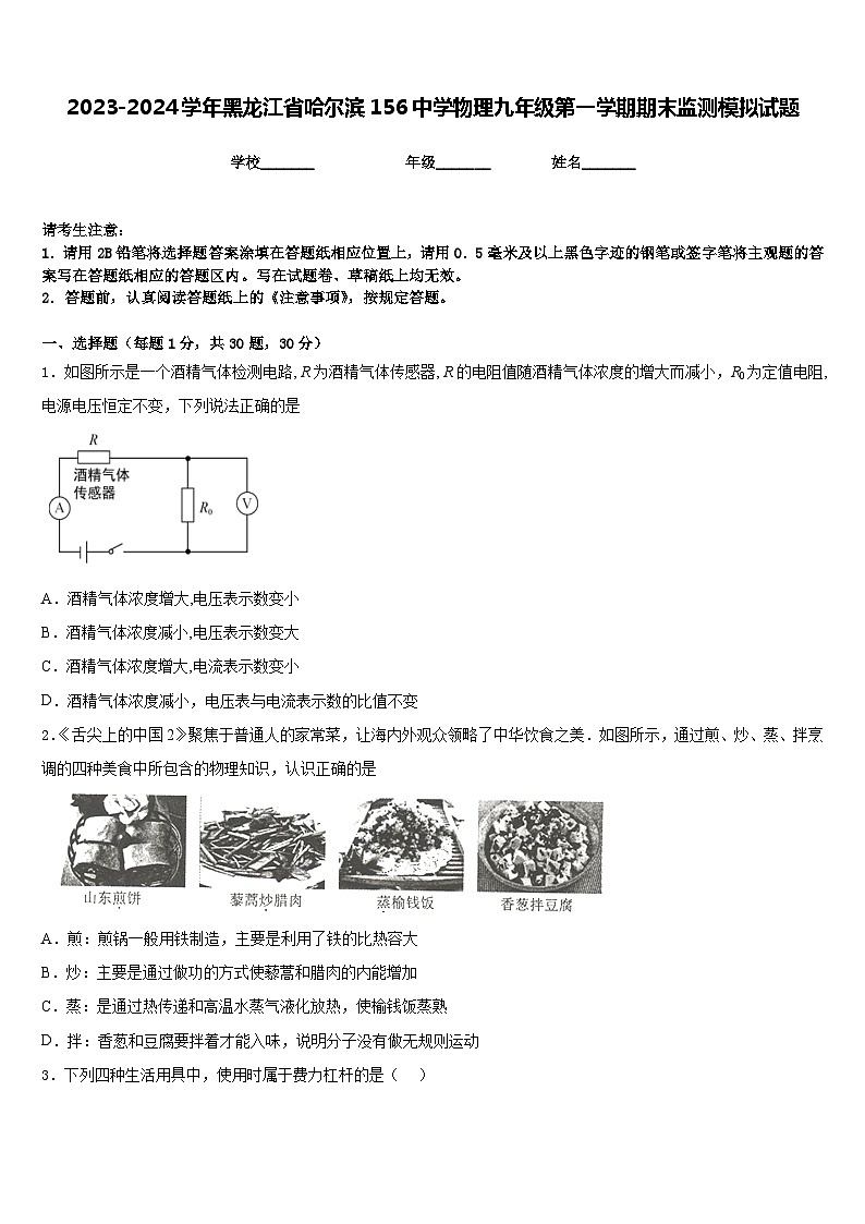 2023-2024学年黑龙江省哈尔滨156中学物理九年级第一学期期末监测模拟试题含答案01
