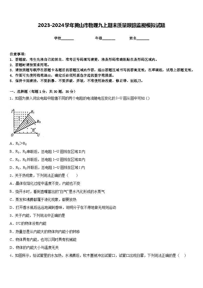 2023-2024学年黄山市物理九上期末质量跟踪监视模拟试题含答案第1页