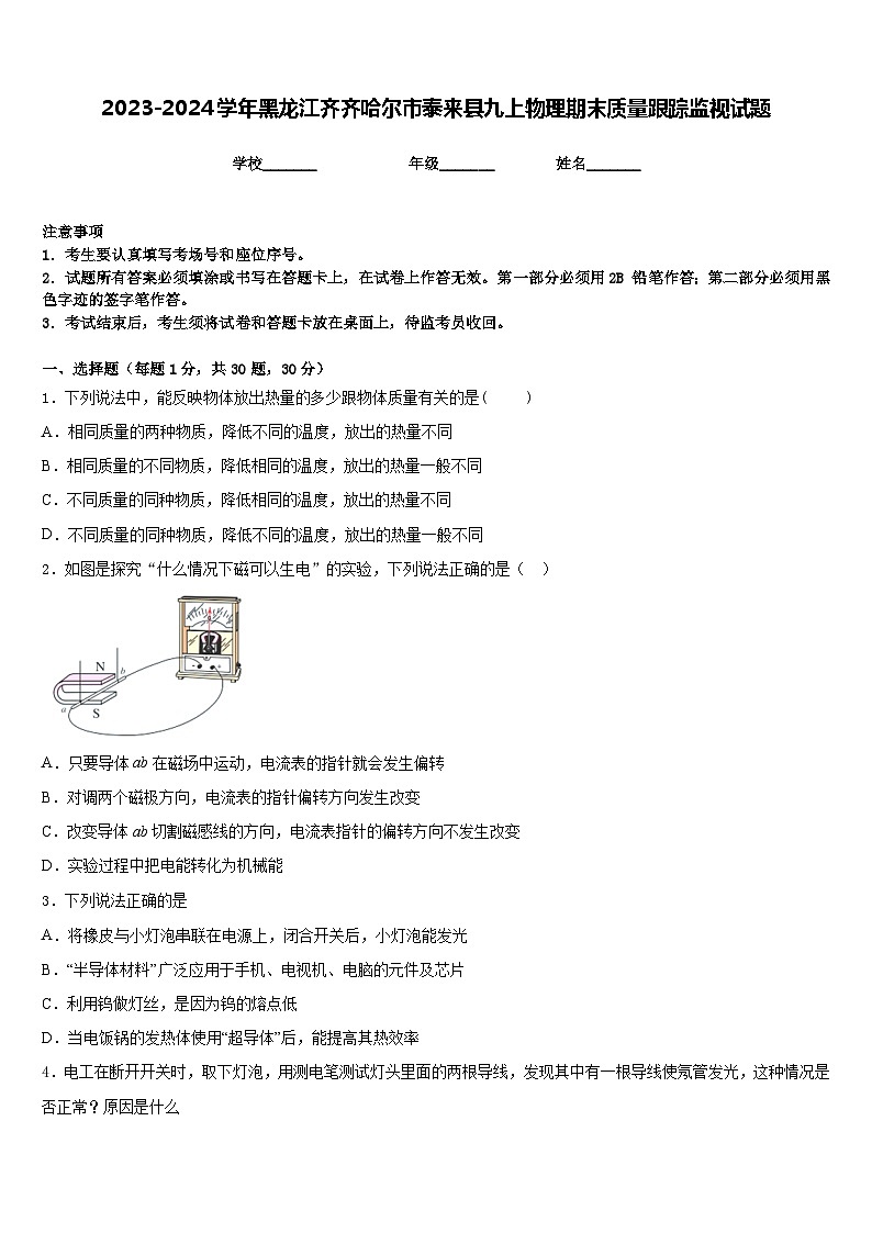 2023-2024学年黑龙江齐齐哈尔市泰来县九上物理期末质量跟踪监视试题含答案01