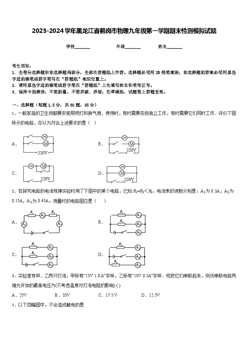 2023-2024学年黑龙江省鹤岗市物理九年级第一学期期末检测模拟试题含答案01