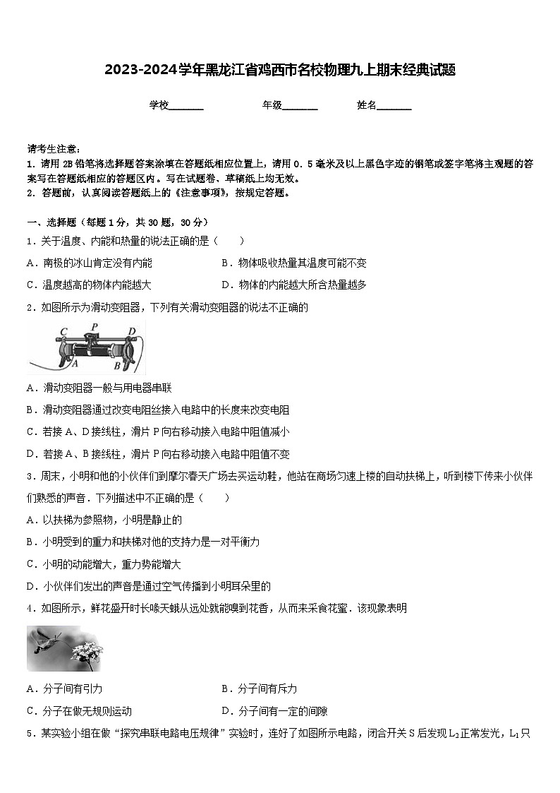 2023-2024学年黑龙江省鸡西市名校物理九上期末经典试题含答案01