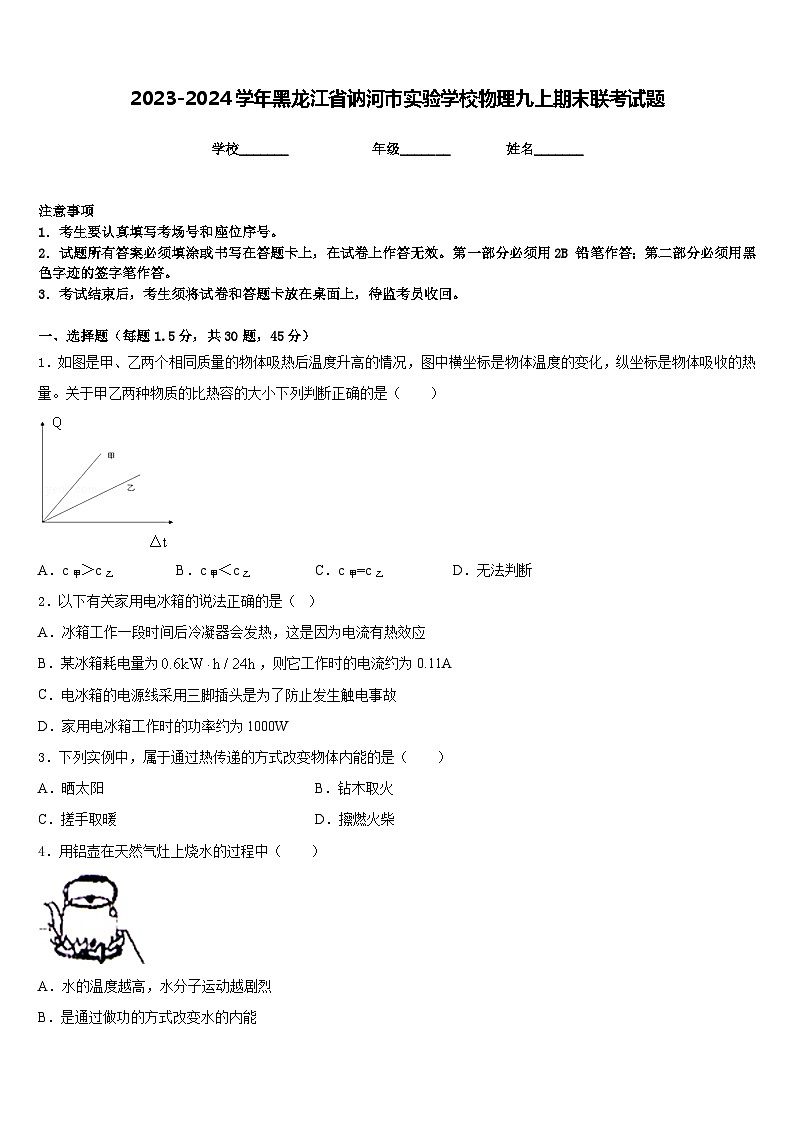 2023-2024学年黑龙江省讷河市实验学校物理九上期末联考试题含答案第1页