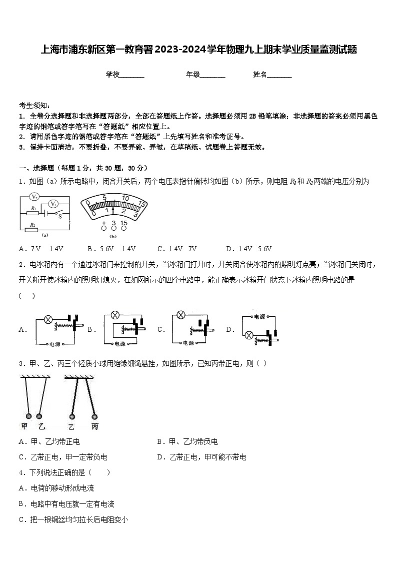 上海市浦东新区第一教育署2023-2024学年物理九上期末学业质量监测试题含答案第1页