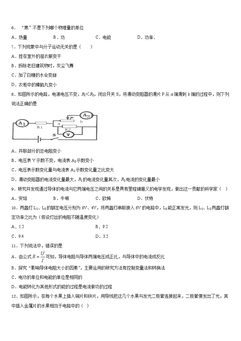 云南省云南大附属中学2023-2024学年九年级物理第一学期期末达标检测试题含答案02