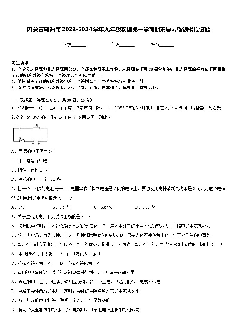 内蒙古乌海市2023-2024学年九年级物理第一学期期末复习检测模拟试题含答案01