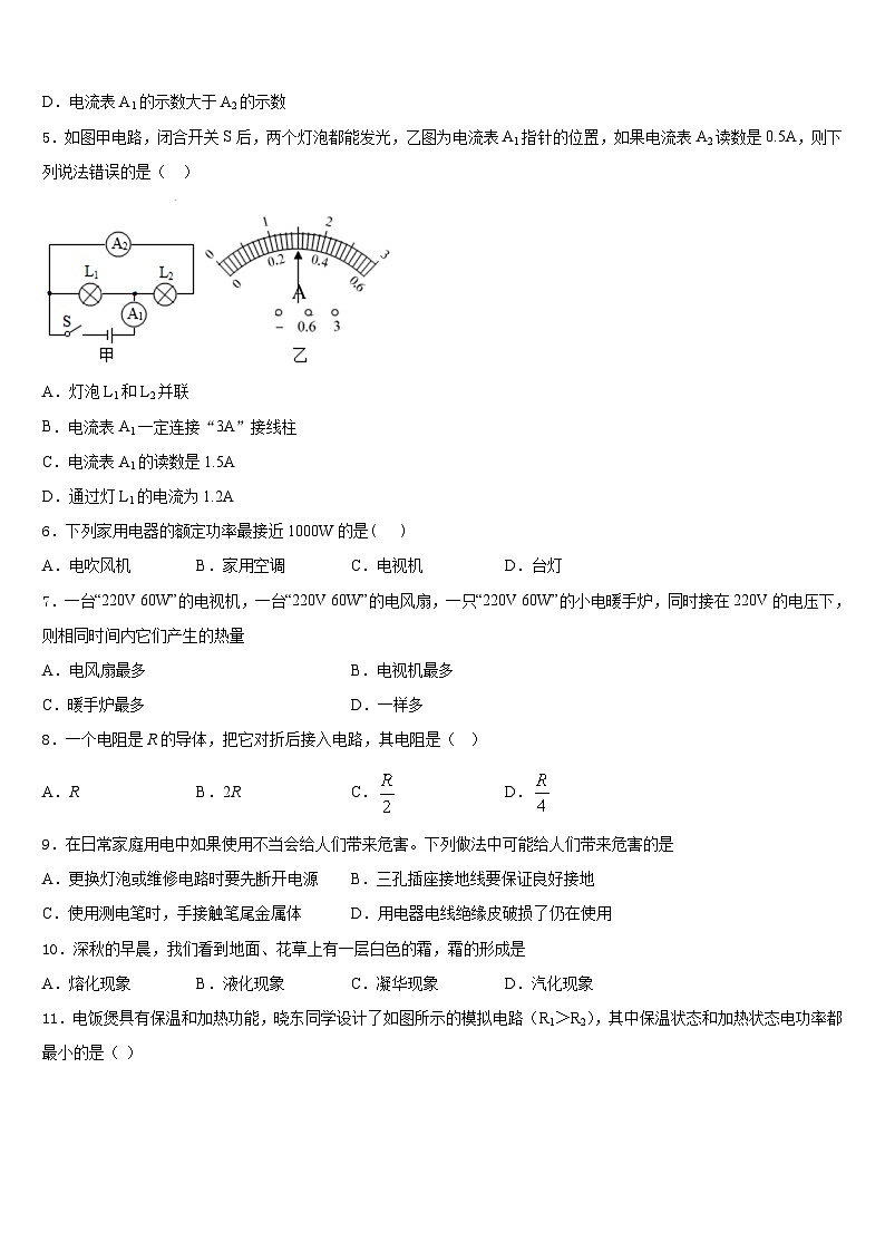 云南省红河市2023-2024学年九上物理期末经典模拟试题含答案02