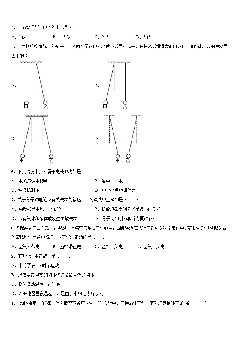 云南省玉溪地区2023-2024学年物理九年级第一学期期末达标检测试题含答案02