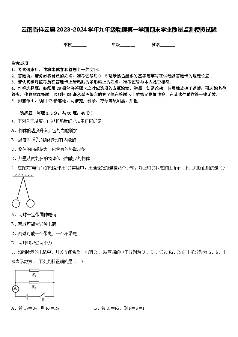 云南省祥云县2023-2024学年九年级物理第一学期期末学业质量监测模拟试题含答案01