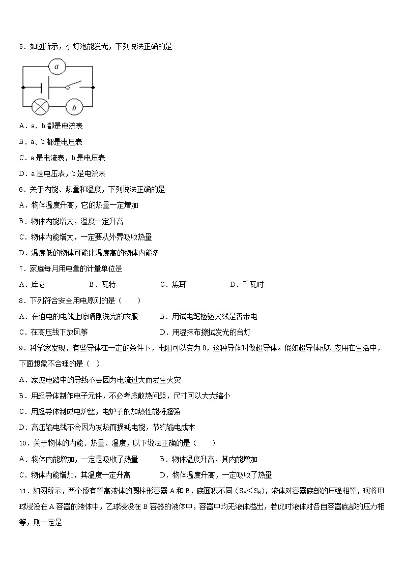 云南省曲靖市陆良县2023-2024学年物理九年级第一学期期末调研试题含答案第2页