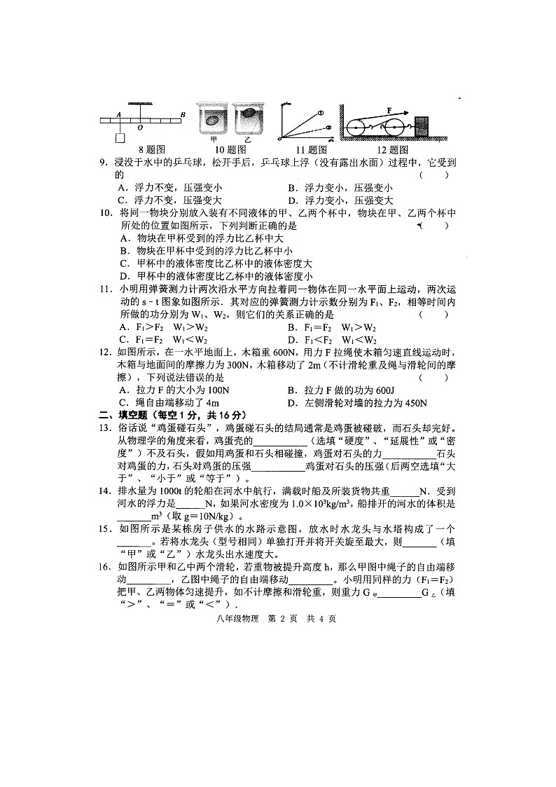 山东菏泽经济开发区2022---2023学年度第2学期第2次月考8年级物理试题和答案02