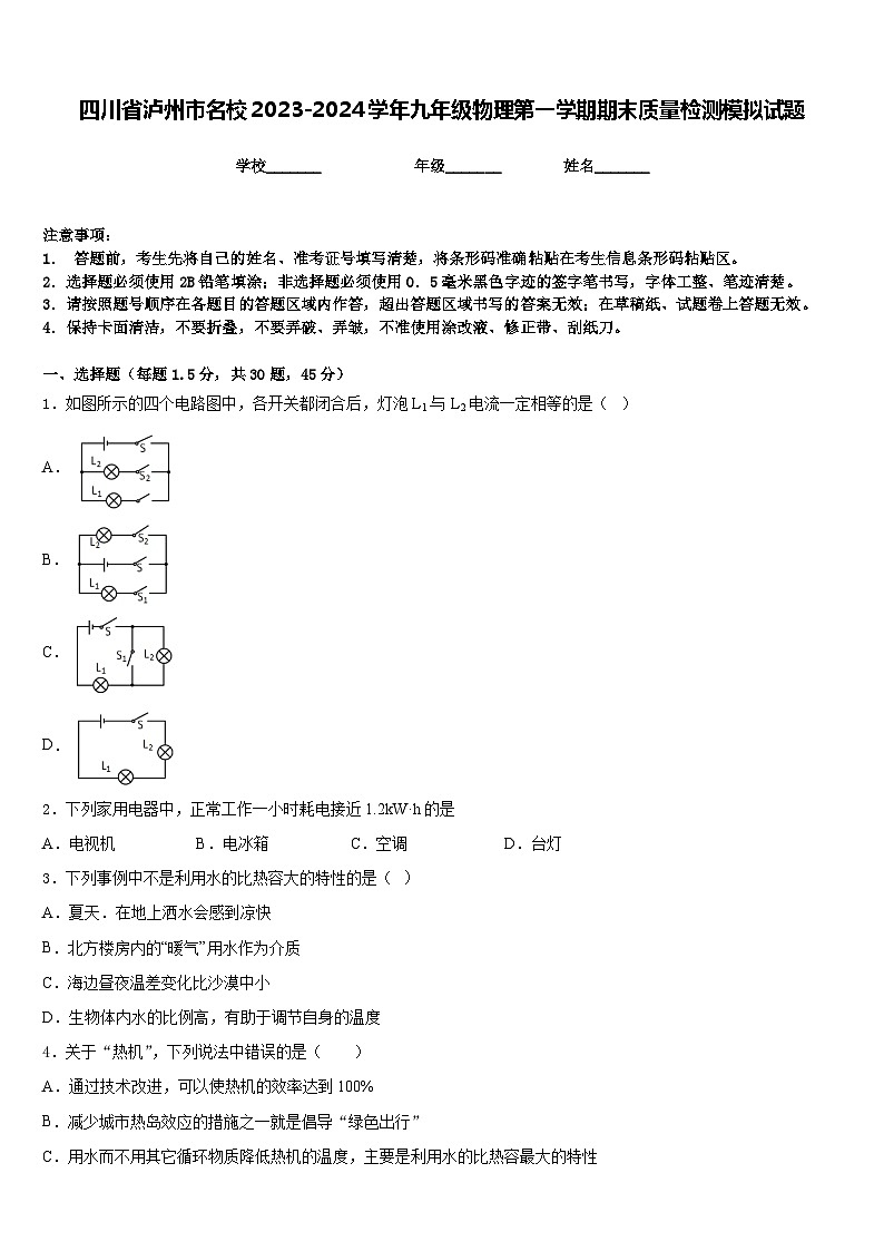 四川省泸州市名校2023-2024学年九年级物理第一学期期末质量检测模拟试题含答案01