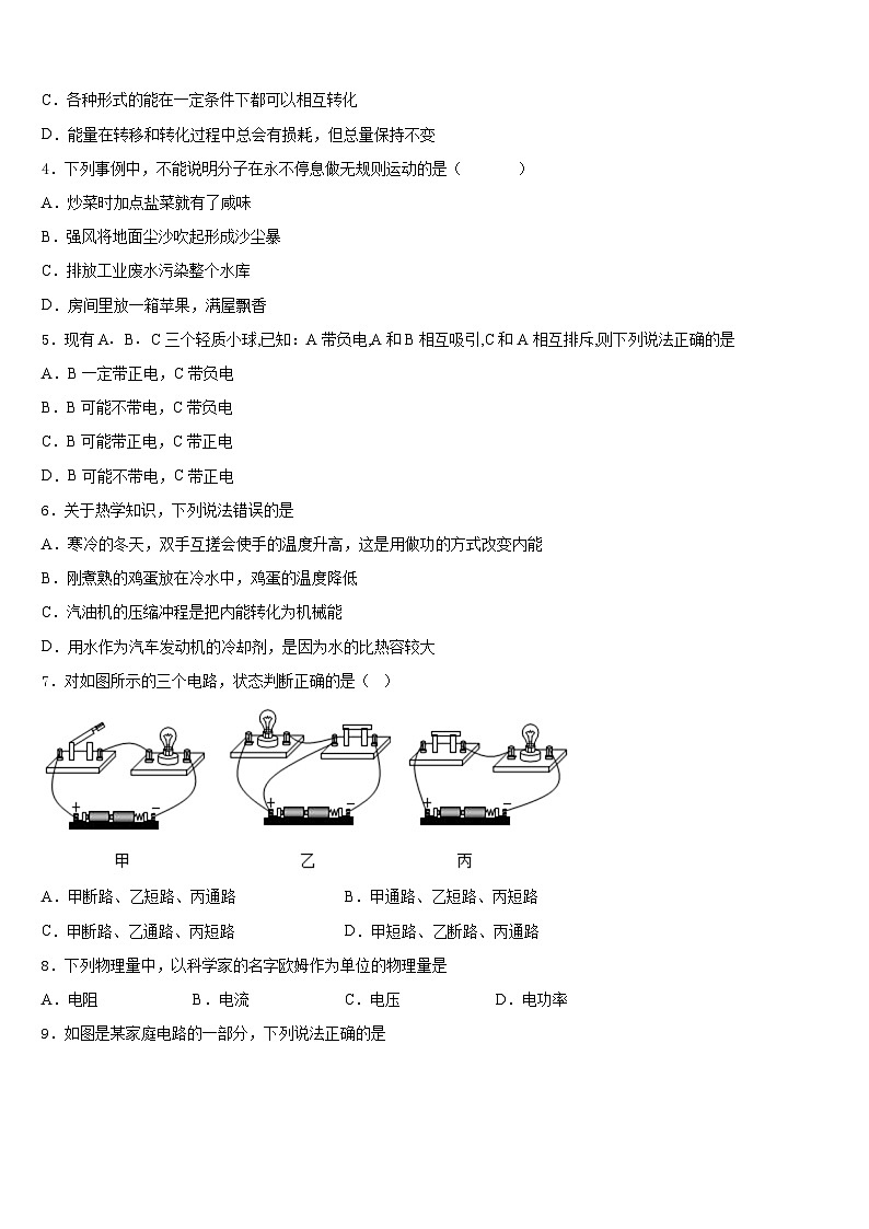四川省雅安市2023-2024学年九年级物理第一学期期末监测试题含答案第2页