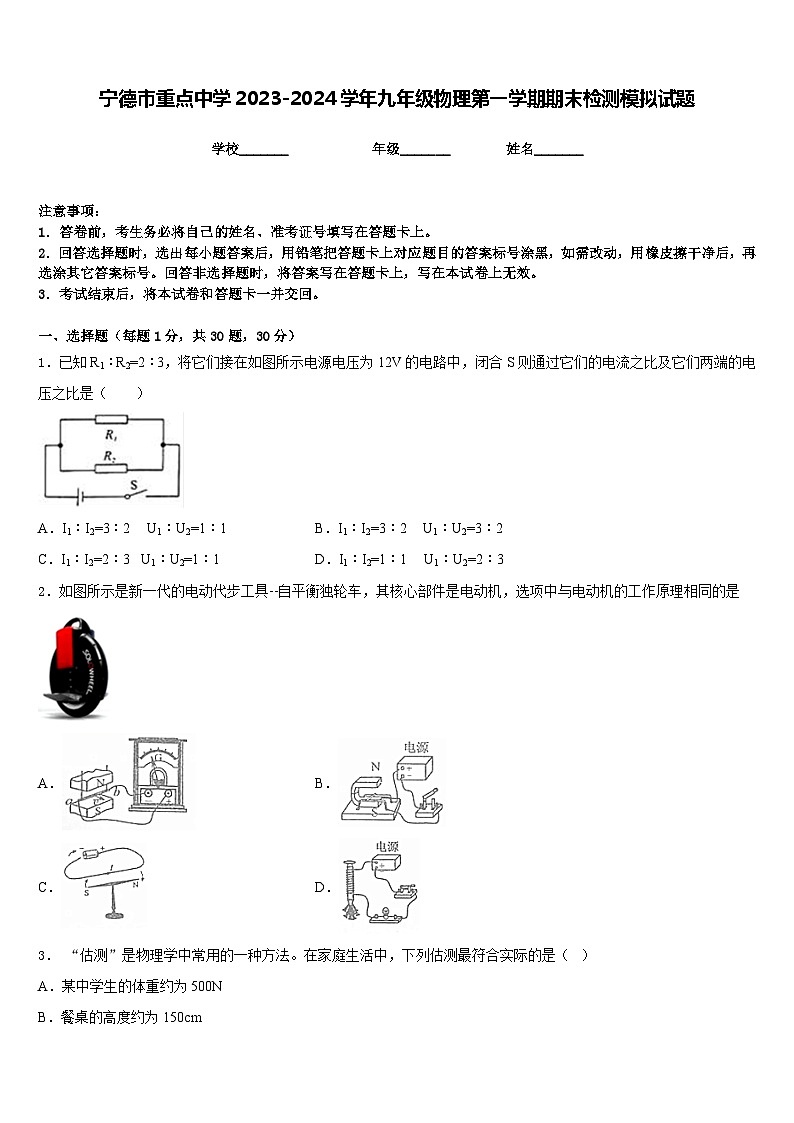 宁德市重点中学2023-2024学年九年级物理第一学期期末检测模拟试题含答案第1页