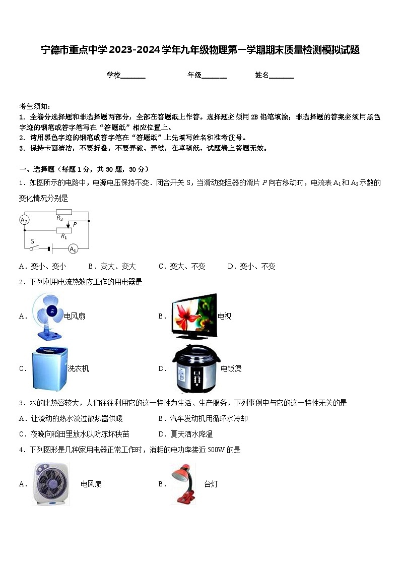 宁德市重点中学2023-2024学年九年级物理第一学期期末质量检测模拟试题含答案第1页