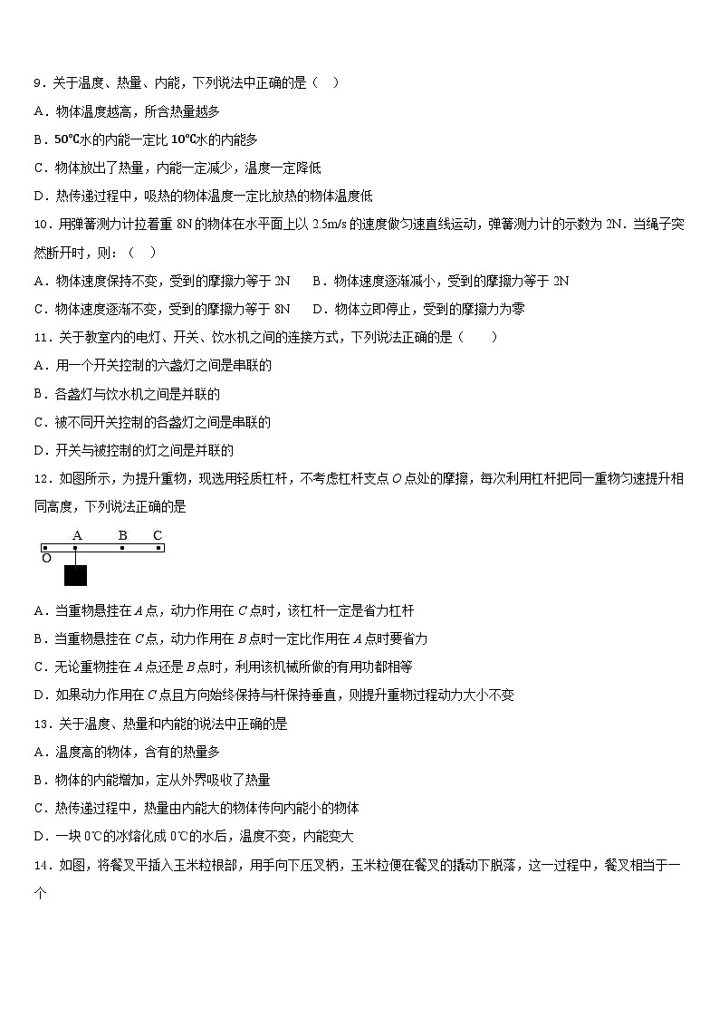 2023-2024学年莆田市重点中学物理九年级第一学期期末学业水平测试试题含答案03