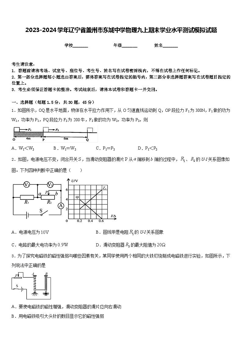 2023-2024学年辽宁省盖州市东城中学物理九上期末学业水平测试模拟试题含答案01