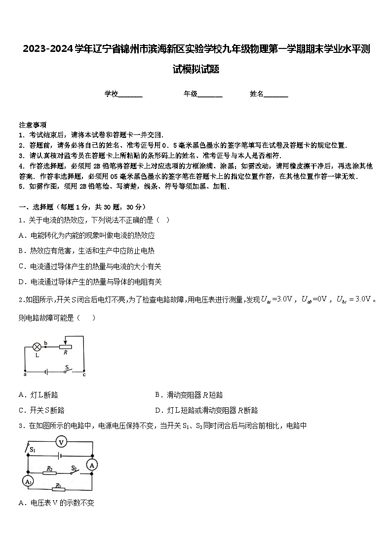 2023-2024学年辽宁省锦州市滨海新区实验学校九年级物理第一学期期末学业水平测试模拟试题含答案第1页