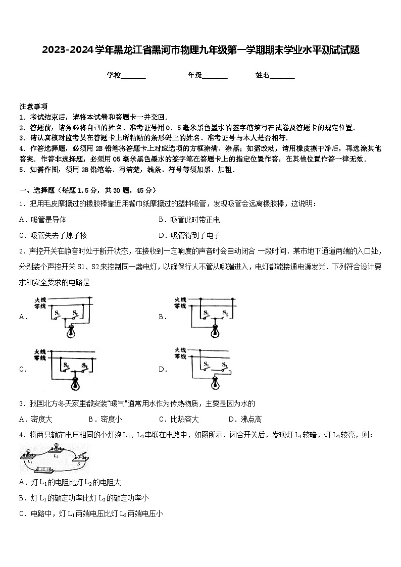 2023-2024学年黑龙江省黑河市物理九年级第一学期期末学业水平测试试题含答案第1页