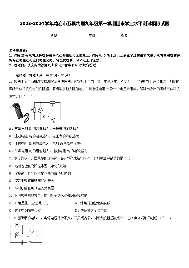 2023-2024学年龙岩市五县物理九年级第一学期期末学业水平测试模拟试题含答案第1页