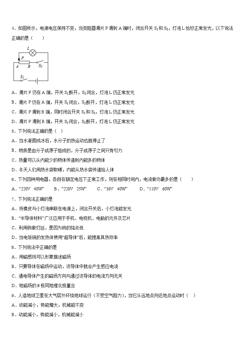 上海市闵行区民办上宝中学2023-2024学年物理九上期末学业水平测试模拟试题含答案02