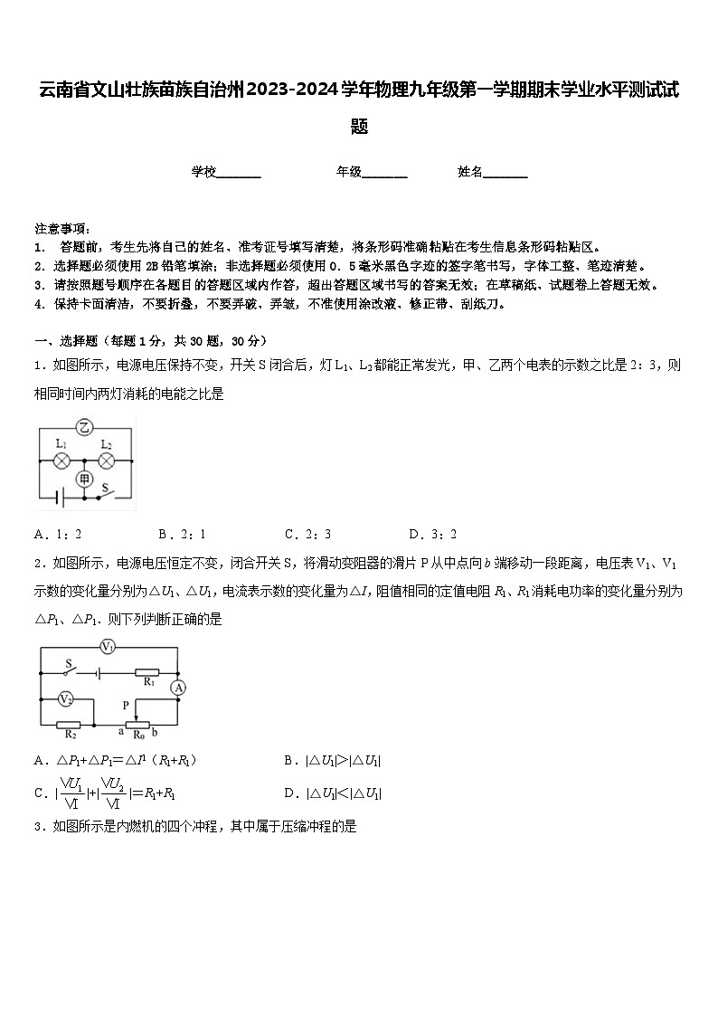 云南省文山壮族苗族自治州2023-2024学年物理九年级第一学期期末学业水平测试试题含答案01